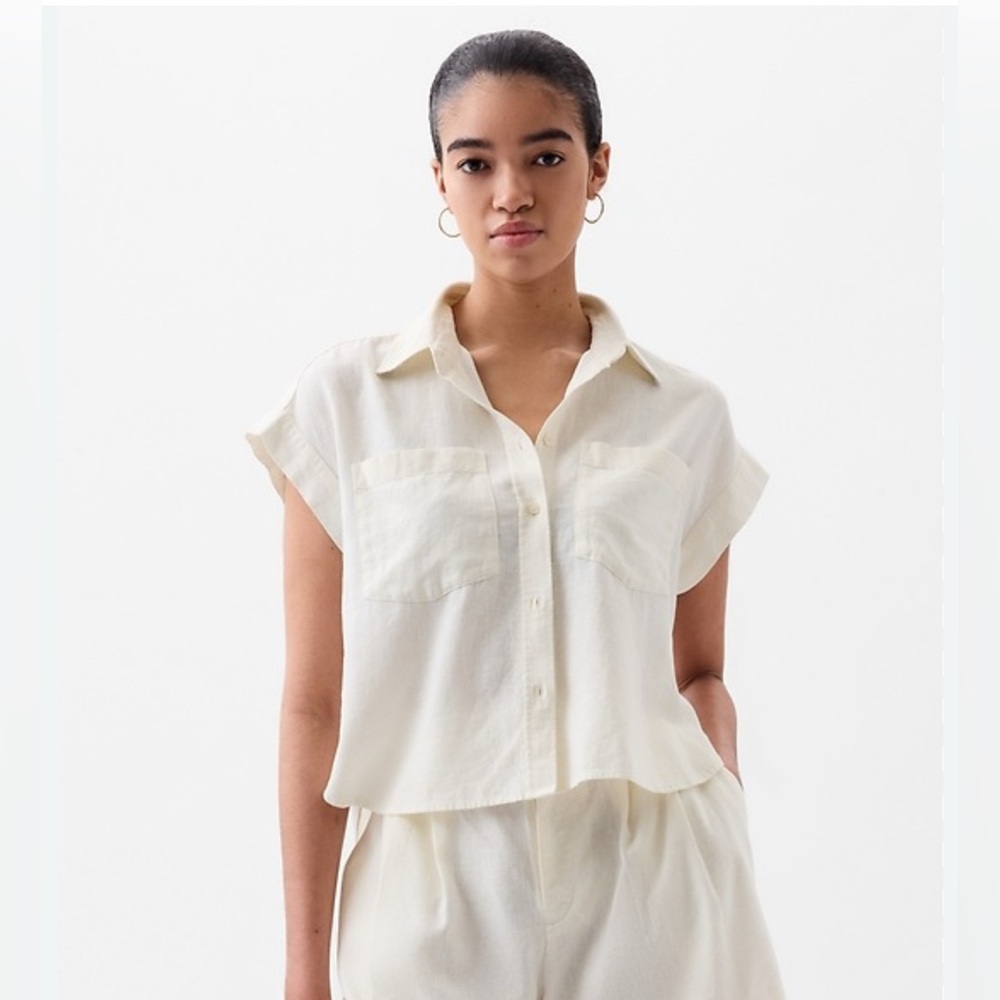 GAP White Linen-blend Short Sleeve Shirt